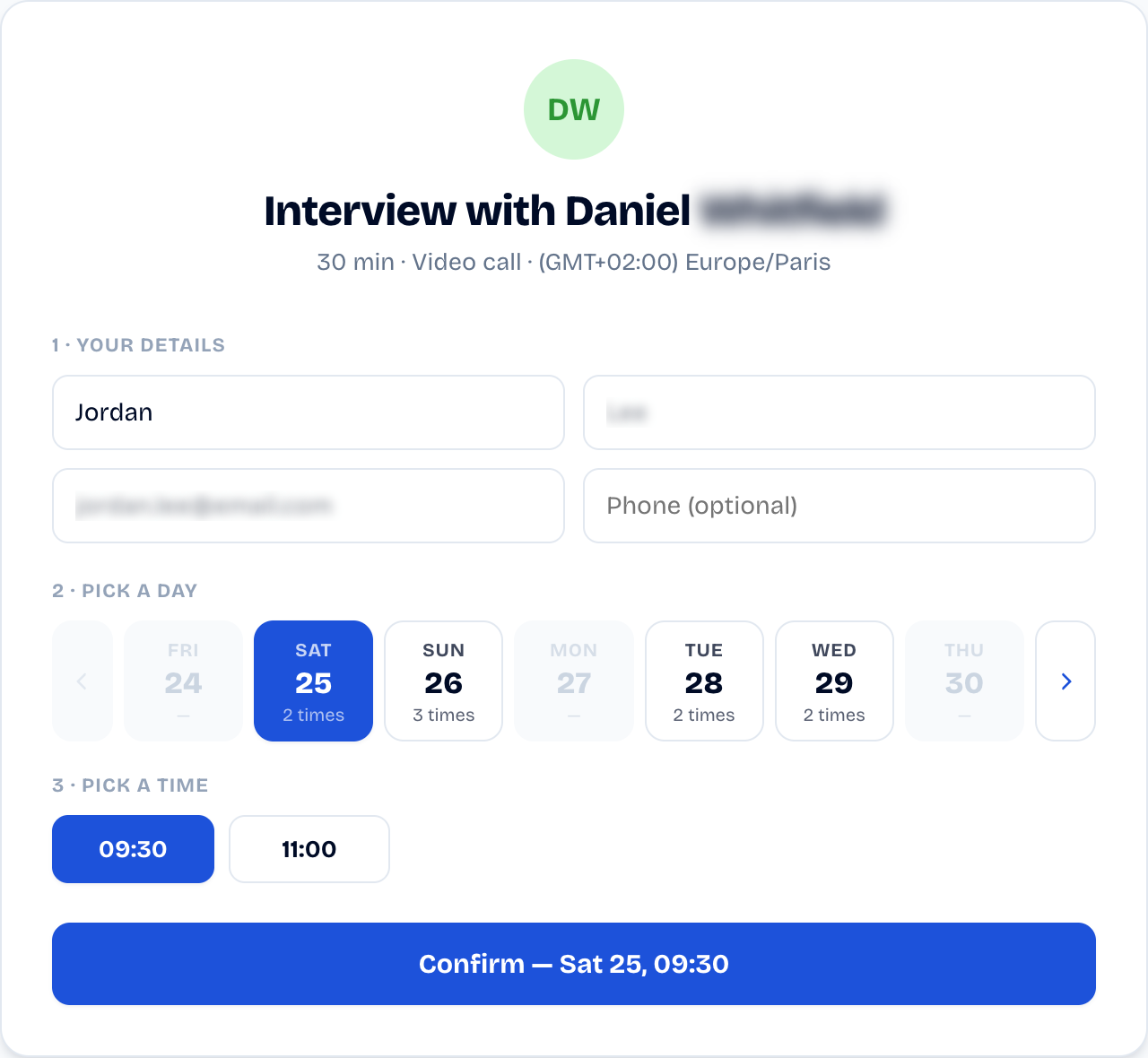 The SyncHire booking page: the candidate picks a time that's genuinely free on the hiring manager's calendar.