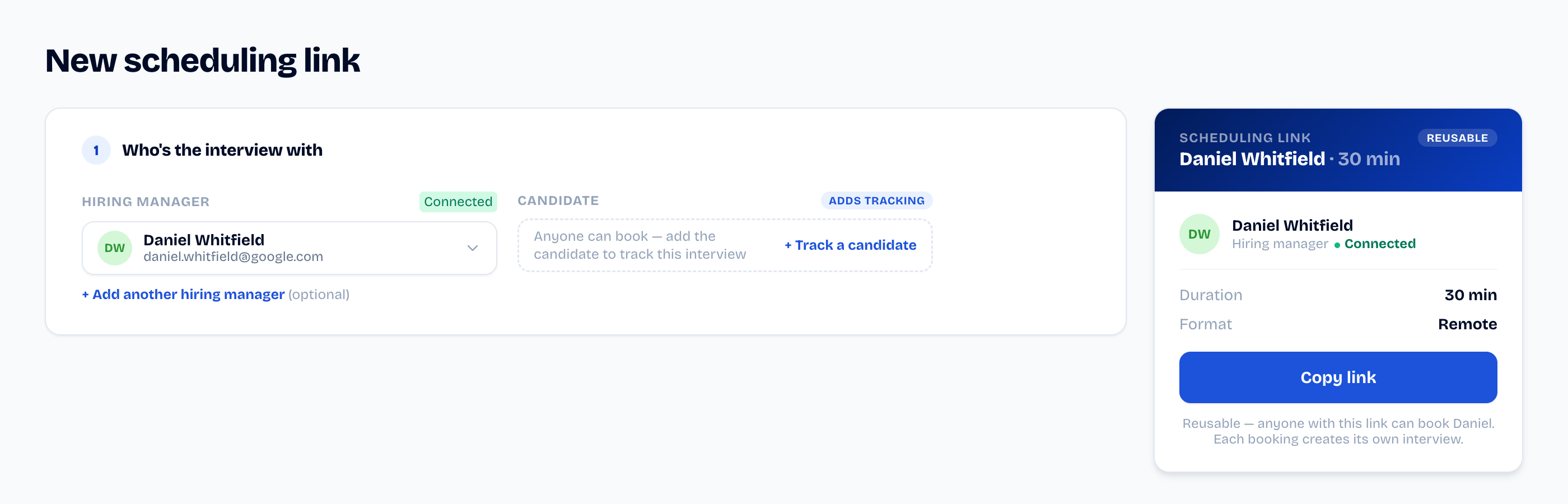 Le composeur SyncHire : hiring manager connecté, lien réutilisable prêt à copier, et l'option « + Track a candidate » pour suivre un entretien.