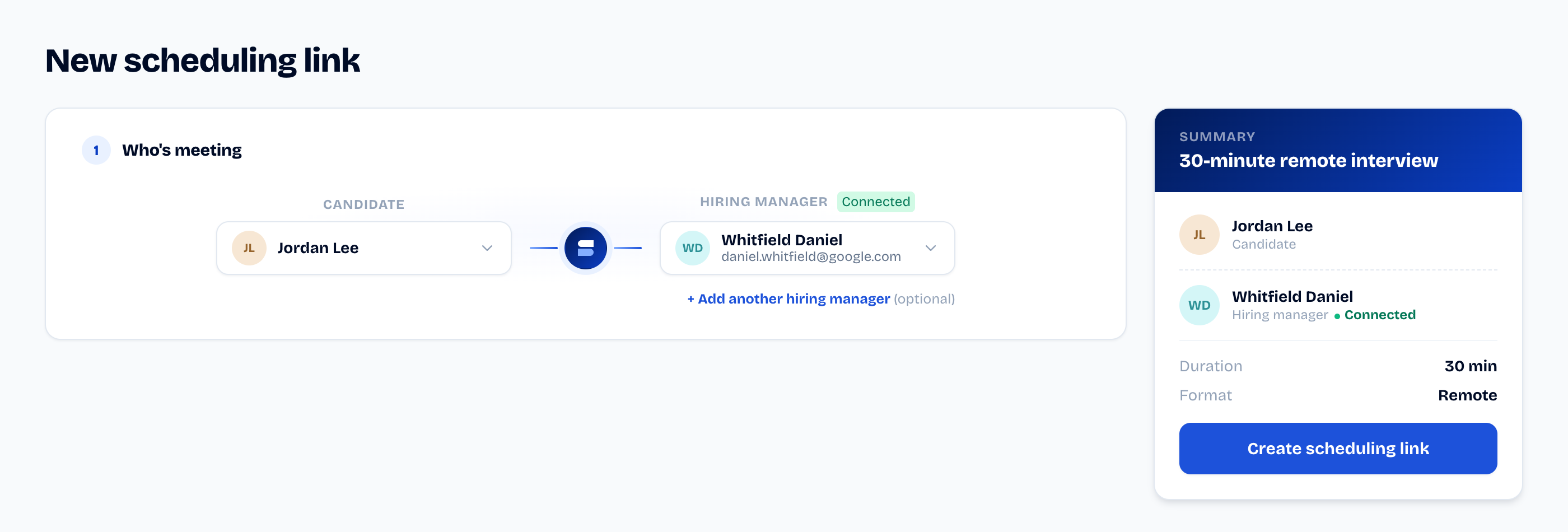 The SyncHire scheduling-link composer: candidate, hiring manager and interview duration.