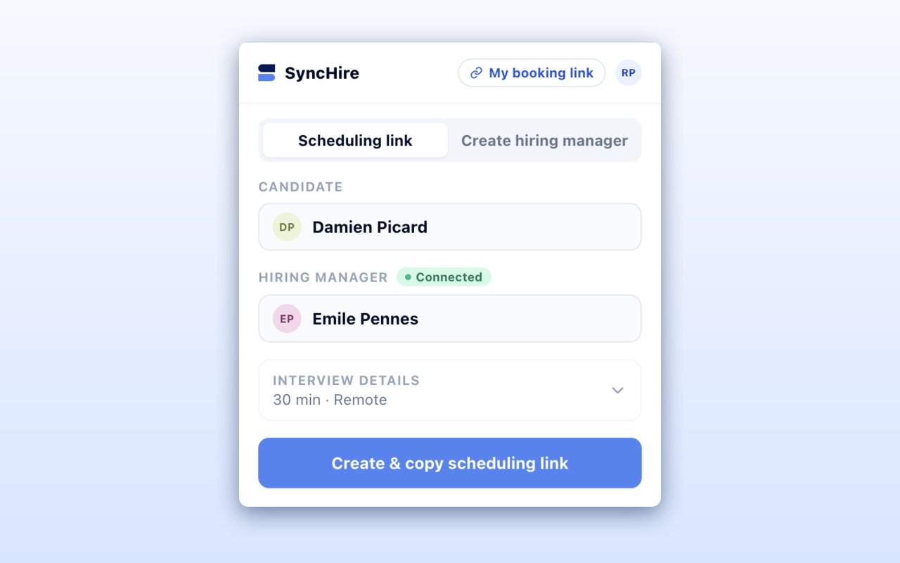 The SyncHire extension popup: create a scheduling link in one click from your browser.